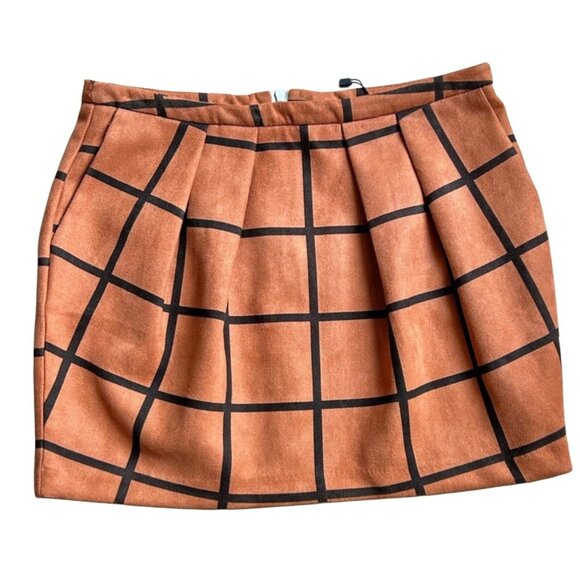 Luna Burnt Orange & Black Pleated Mini Skirt, Size S, Grid Bold A-line Textured - Picture 1 of 3